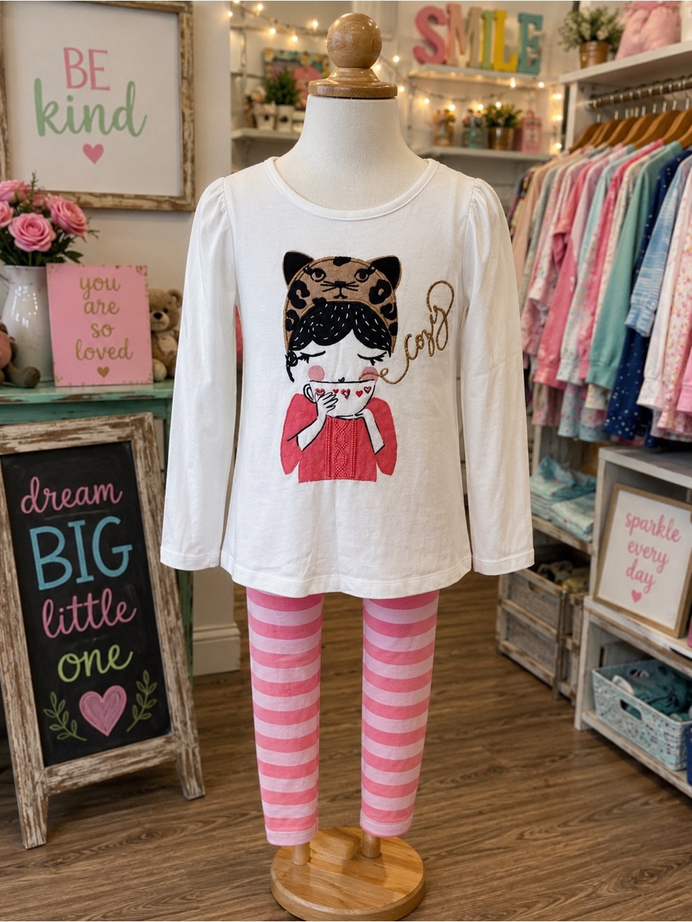 Gymboree  White Top & Pink Striped Pajama Set with Cat Graphic NWOT
